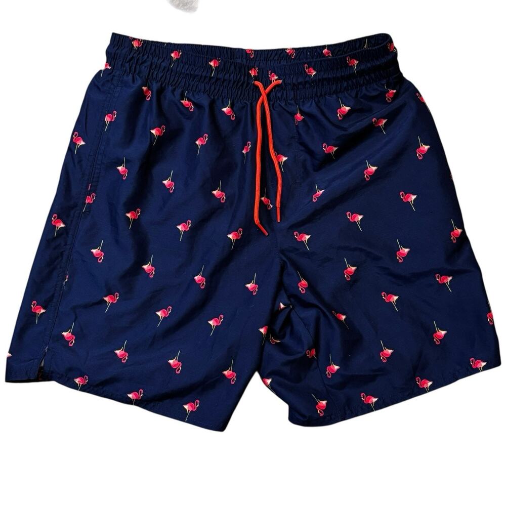 Old Navy Flamingo Print Navy Blue Lined Swim Trunks Drawstring Men's Size Small